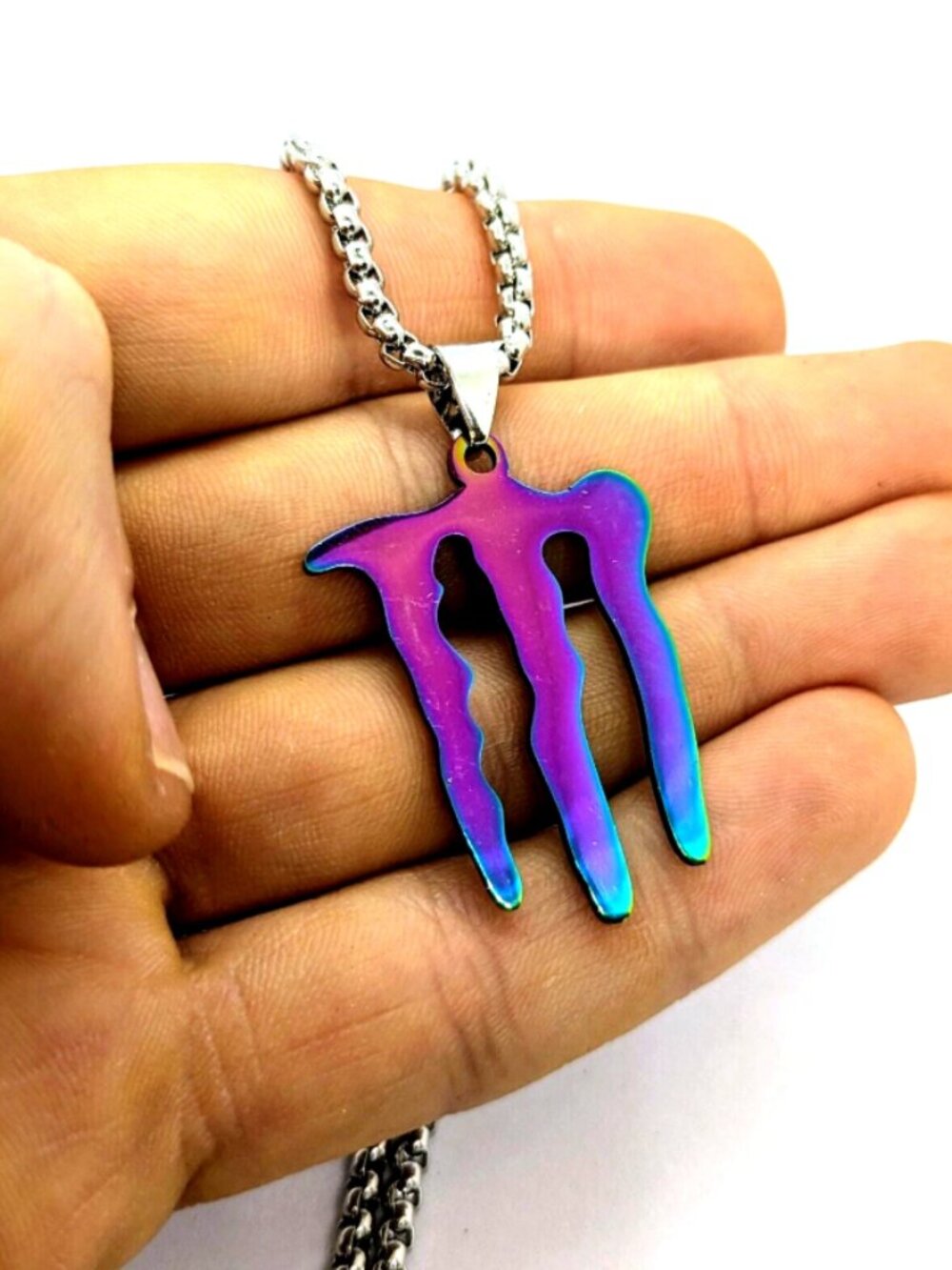 ENERGY DRINK NECKLACE - Stainless Steel "M" Logo Pendant 23" Chain (Iridescent) - Picture 5 of 7